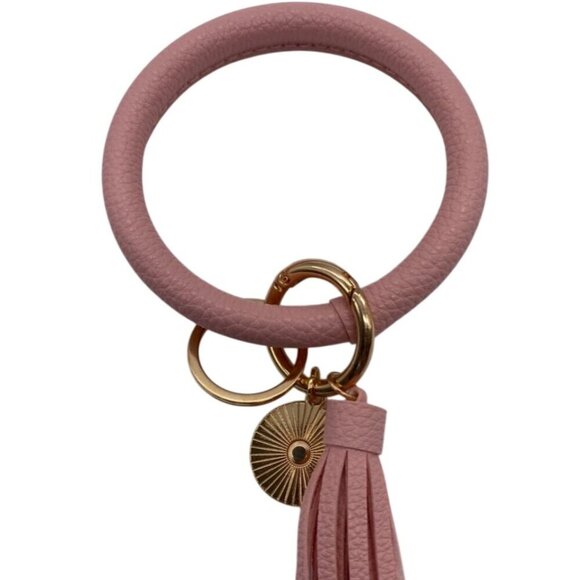 Leather Tassel Bangle Keychain Pink With Gold Rings & Charm Wristlet For Women - Picture 4 of 4